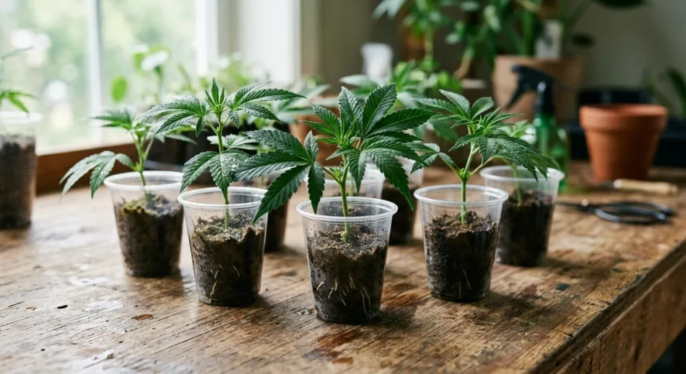 Frische Cannabis-Stecklinge in kleinen Anzuchtbechern mit feuchtem Substrat auf einem Holztisch