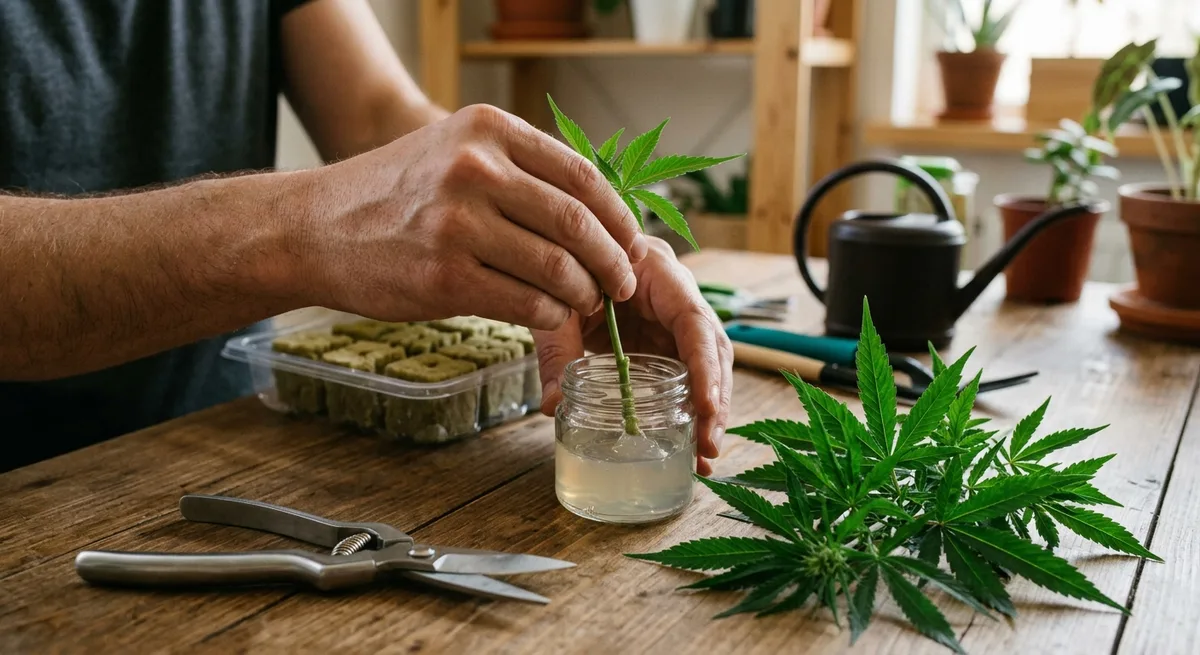 Hände tauchen einen Cannabis-Steckling in Bewurzelungsgel, Steinwollwürfel und Schere auf dem Tisch
