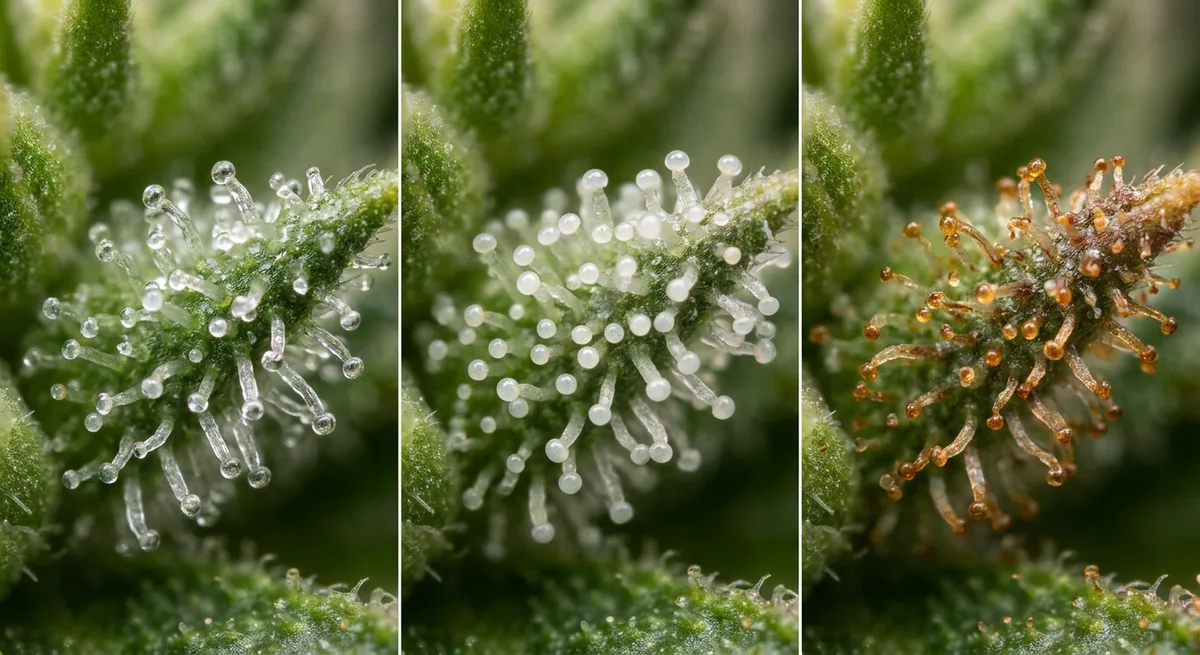 Drei Reifestadien von Cannabis-Trichomen: klare, milchig-weiße und bernsteinfarbene Drüsenköpfe im Vergleich