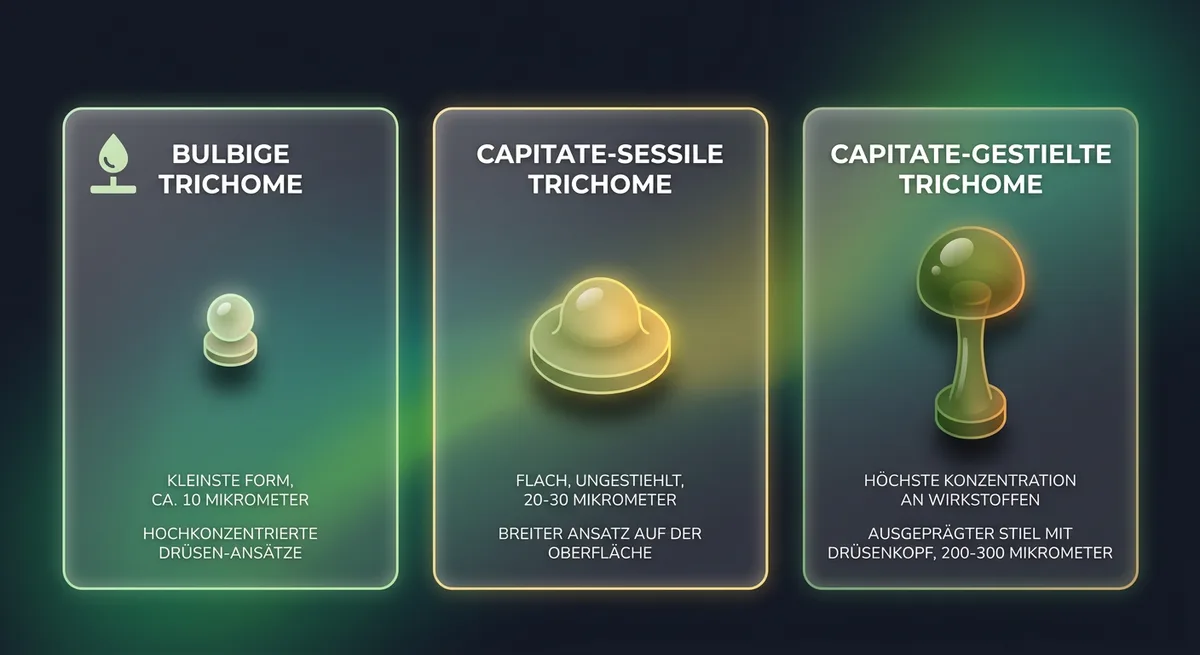 Drei Cannabis-Trichomtypen im Größenvergleich: Knollen-, kopfsitzende und gestielte Kopftrichome nebeneinander