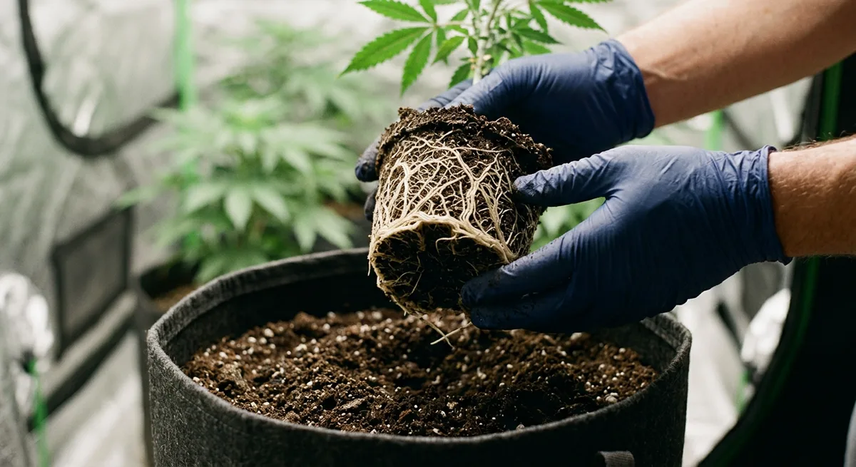 Intakter Cannabiswurzelballen wird vorsichtig in einen größeren, mit Erde gefüllten Stofftopf eingesetzt