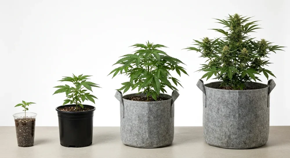 Vier Cannabistöpfe in aufsteigender Größe nebeneinander vom Keimling bis zur blühenden Pflanze