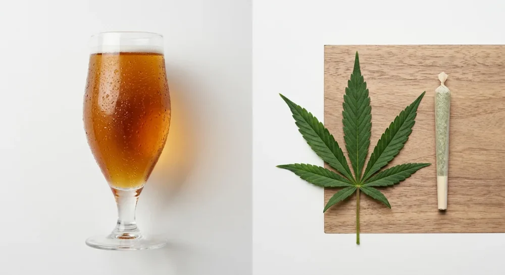 Glas Bier und Cannabis-Blatt nebeneinander auf hellem Untergrund als symbolischer Vergleich