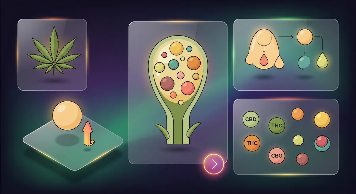 Illustration eines vergrößerten Cannabis-Trichoms mit Cannabinoid- und Terpenmolekülen im Inneren