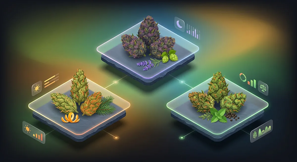 Drei Gruppen von Cannabisblüten als Indica, Sativa und Hybrid im Vergleich auf dunklem Untergrund