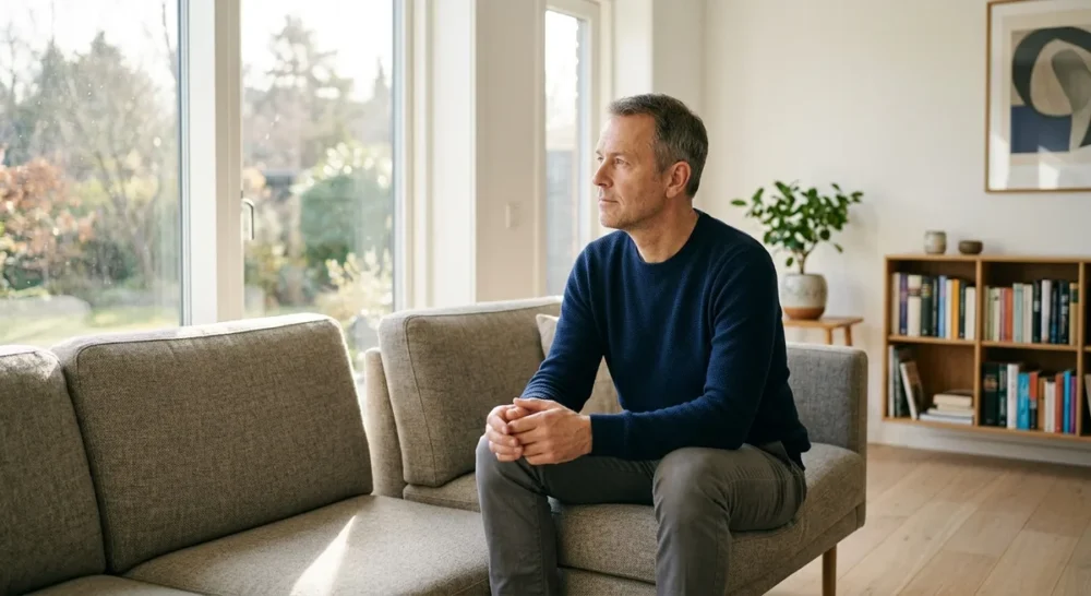 Person sitzt nachdenklich auf einem hellen Sofa und schaut aus dem Fenster – Moment der Entscheidung