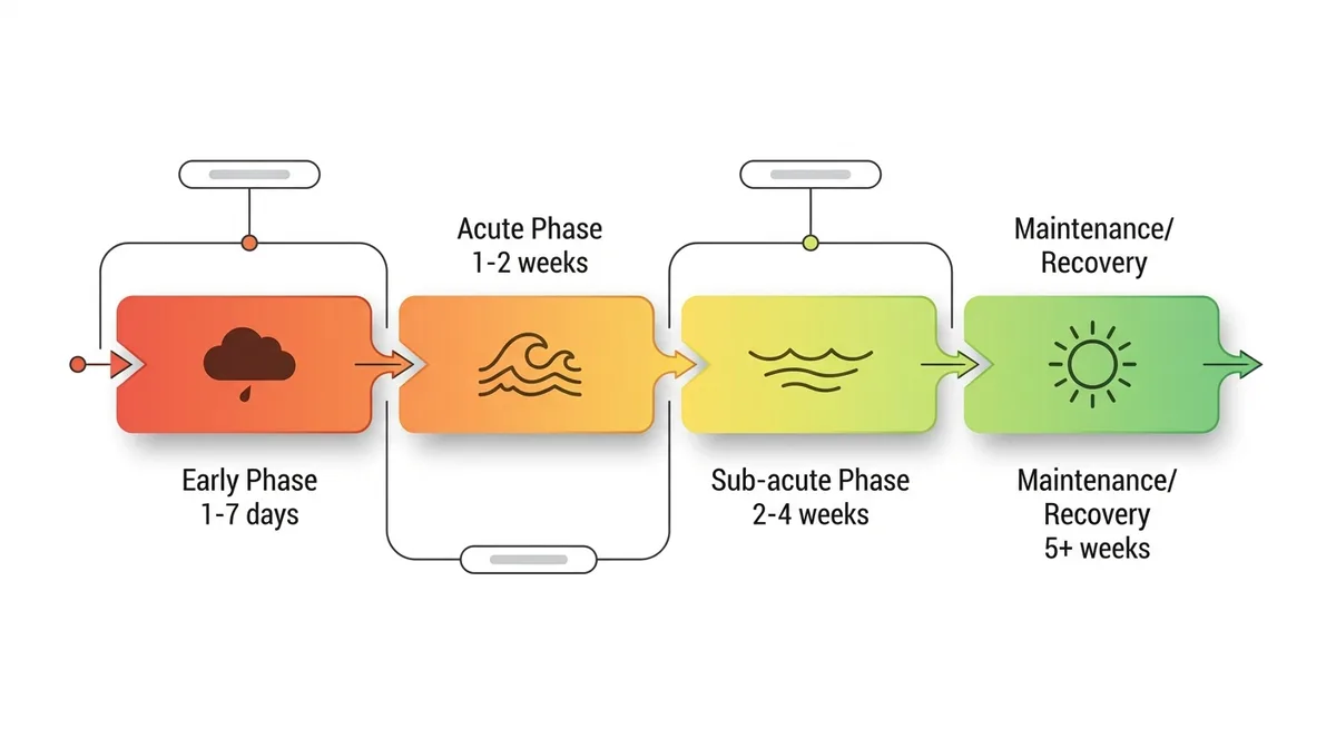 Horizontaler Zeitstrahl mit vier farbigen Phasen, der den Verlauf eines Cannabis-Entzugs von akut bis Erholung zeigt
