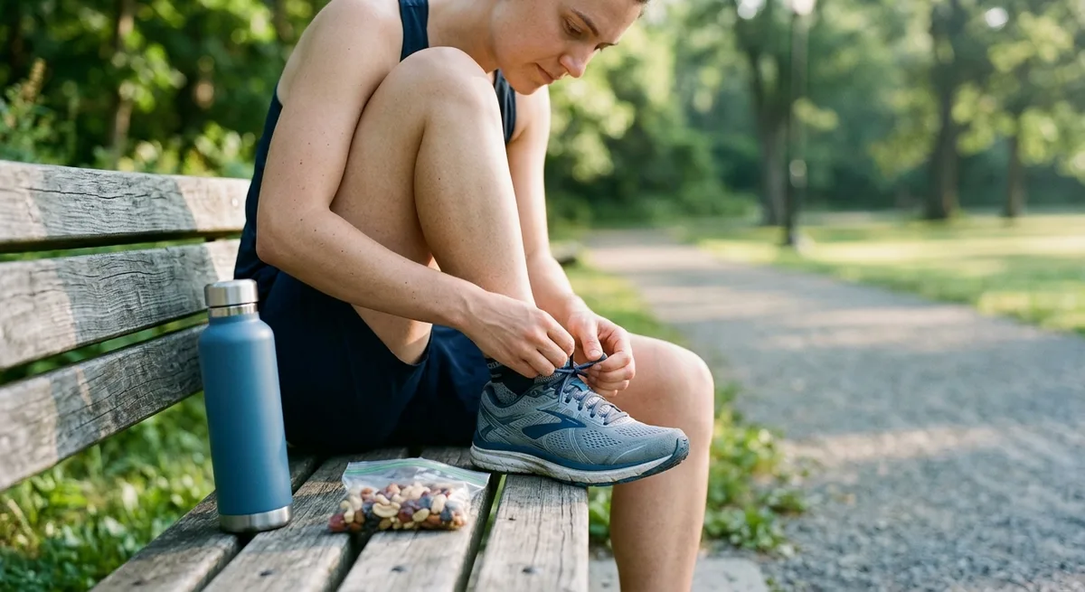 Person schnürt Laufschuhe auf einer Parkbank, Wasserflasche daneben – Symbol für neue gesunde Routinen