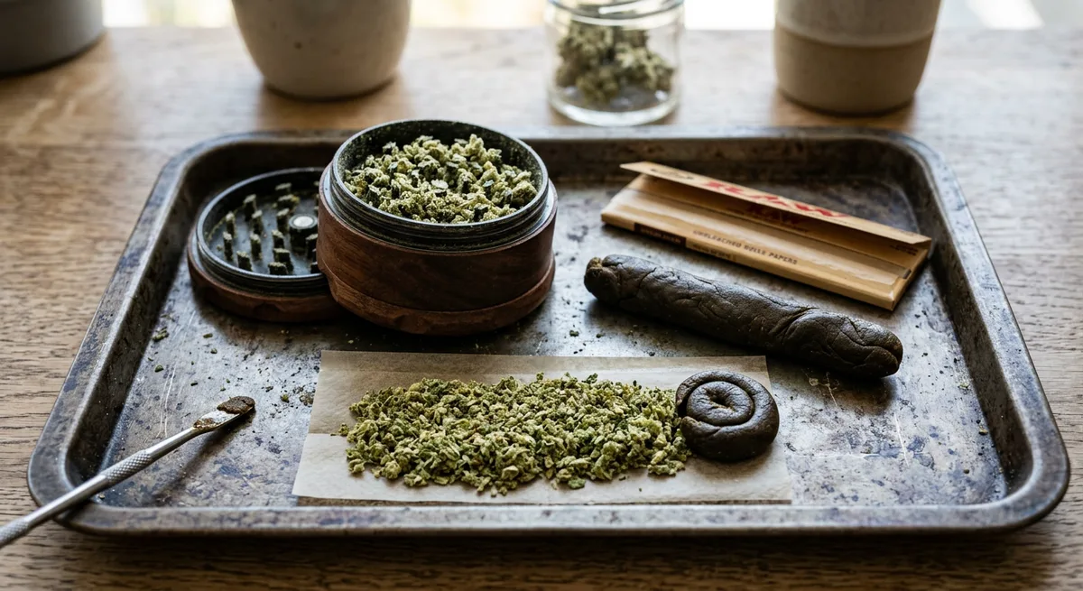 Cannabis-Blüten im Grinder und ein Strang Haschisch auf einem Rolling Tray - Materialvorbereitung für einen Donut Joint
