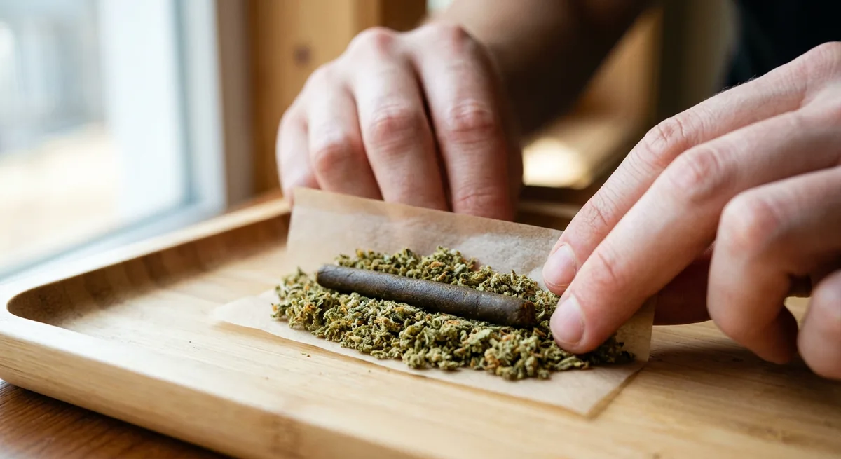 Hände beim Rollen eines Donut Joints – sichtbarer Haschisch-Kern mittig auf Blütenbett im Paper