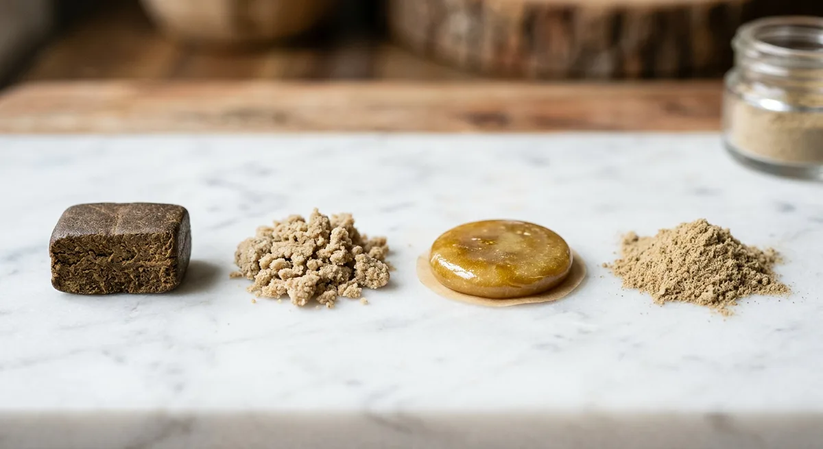 Vier Konzentrat-Typen nebeneinander: Haschisch-Block, Bubble Hash, Rosin und Dry Sift