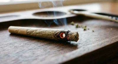 Brennender Donut Joint auf einem Rolling Tray mit sichtbarem ringförmigem Loch in der Glut