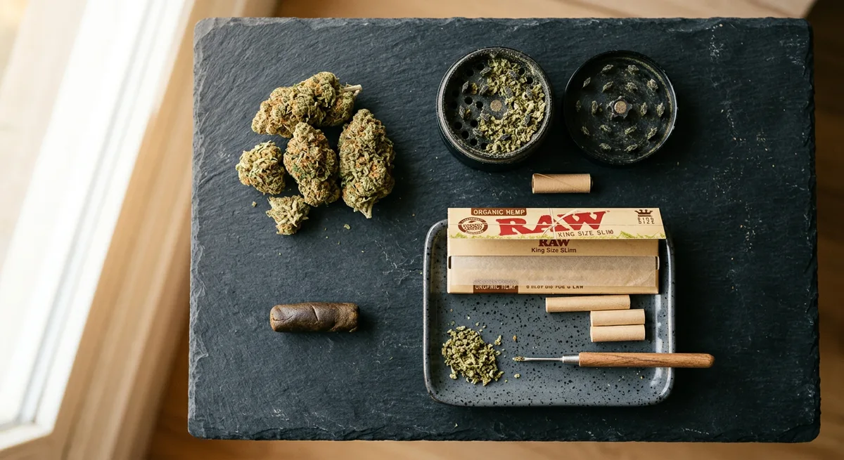 Alle Materialien für einen Donut Joint als Flatlay: Blüten, Haschisch-Strang, King-Size Papers, Grinder und Filter