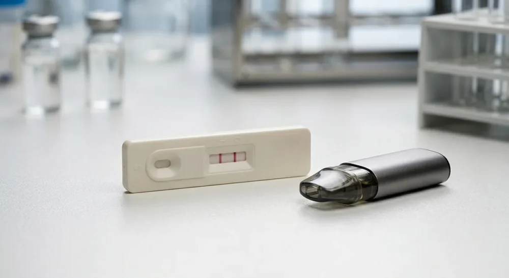 Drogentest-Streifen und Vaporizer auf weißer Laborfläche nebeneinander