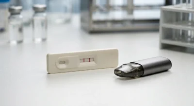 Drogentest-Streifen und Vaporizer auf weißer Laborfläche nebeneinander