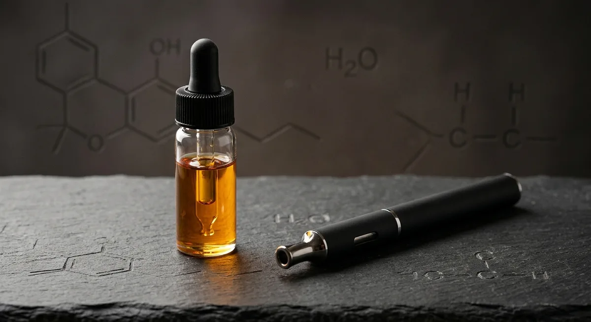 Glasfläschchen mit goldgelbem Liquid neben einem Vaporizer Pen auf dunkler Oberfläche