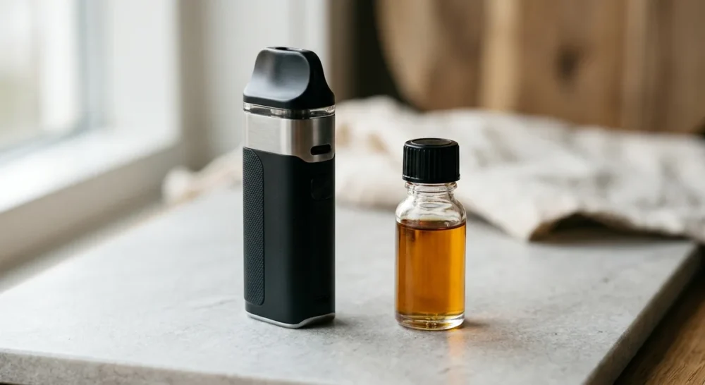 Vape-Gerät und Liquid-Flakon auf weißem Untergrund in ruhiger Studioatmosphäre