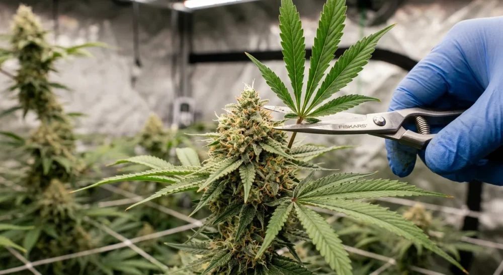 Haende mit Schere schneiden grosse Faecherblätter einer blühenden Cannabispflanze