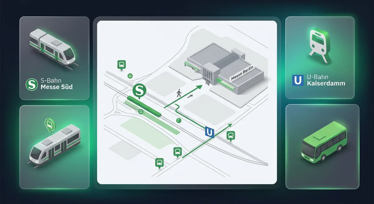 Infografik-Karte mit S-Bahn, U-Bahn und Bus-Routen zum Messegelände Berlin Eingang Nord