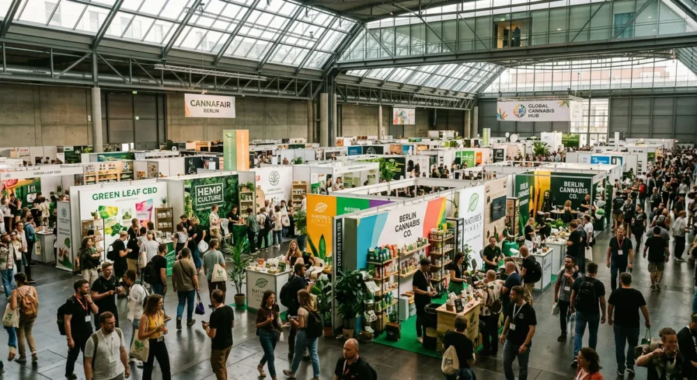 Belebte Cannabis-Messe in einer großen Messehalle mit Besuchern an bunten Ausstellerständen