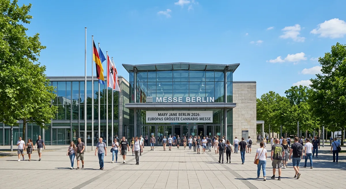 Außenansicht des Berliner Messegeländes an einem sonnigen Sommertag mit Besuchern am Eingang