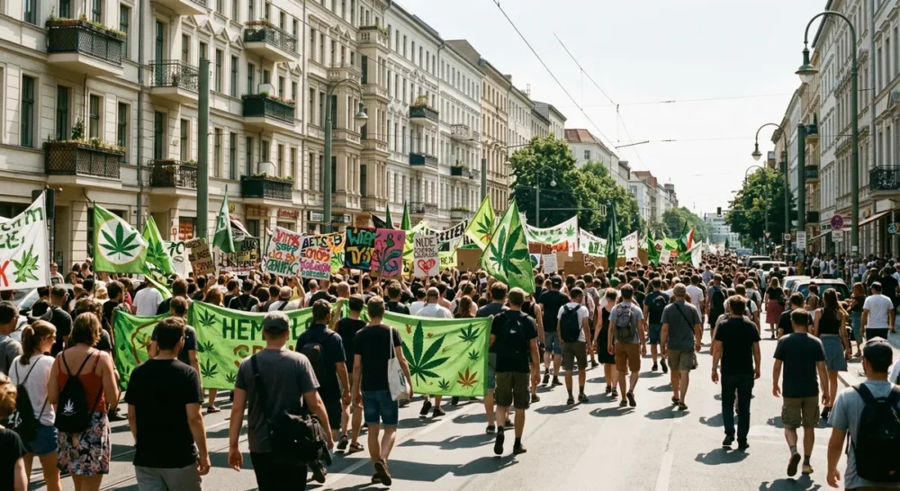 Große Menschenmenge marschiert mit Hanf-Bannern durch eine Berliner Innenstadt-Straße im Sommer