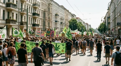 Große Menschenmenge marschiert mit Hanf-Bannern durch eine Berliner Innenstadt-Straße im Sommer