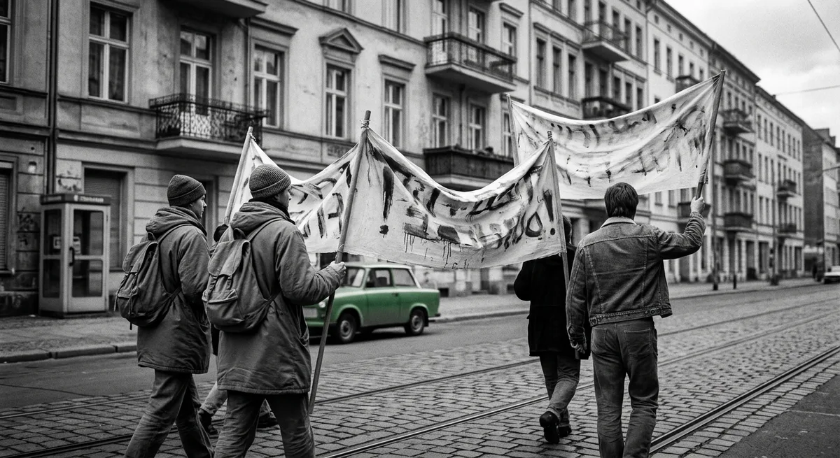 Kleine Gruppe Aktivisten mit handgemalten Protestbannern auf einer Berliner Straße in den 1990er Jahren