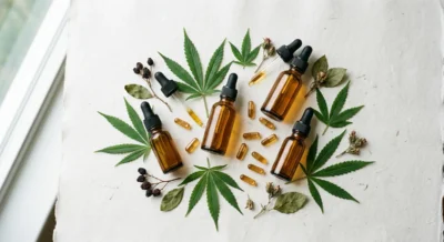 Verschiedene Cannabinoid-Produkte als Tropfflaschen und Kapseln neben Hanfblättern auf weißem Untergrund