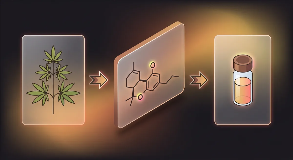 Illustration zeigt vereinfachten Prozess von Hanfpflanze über molekulare Umwandlung zu fertigem H4CBD-Produkt