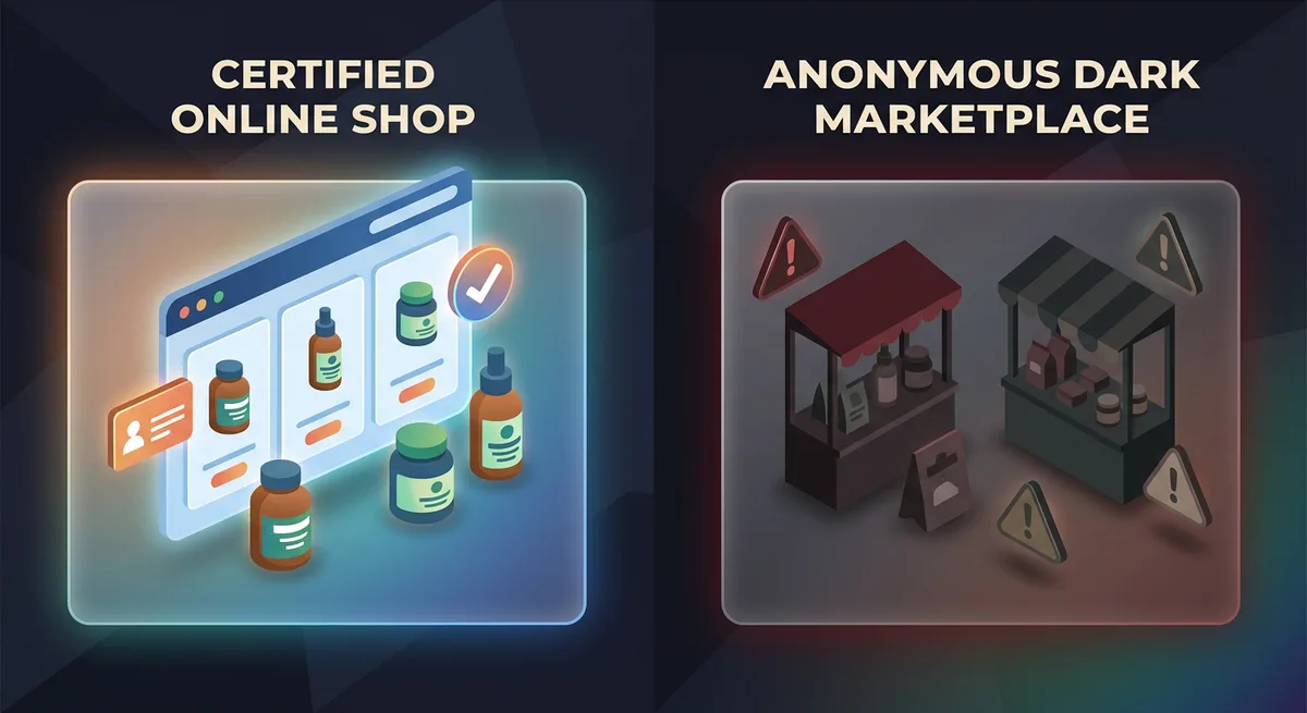 Illustration zeigt Kontrast zwischen legalem zertifiziertem Shop und dunklem Schwarzmarkt mit Warnsymbolen