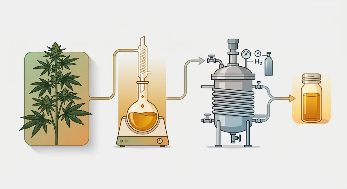 Vierstufiger Prozessablauf der Hydrierung vom Ausgangsstoff Cannabis bis zum aufgereinigten HHC-Produkt