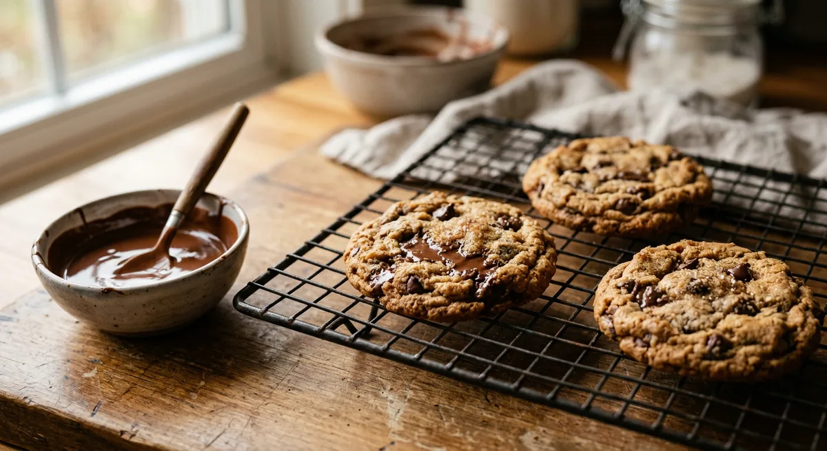 Selbstgebackene Schoko-Cookies auf einem Kuchengitter in einer Küche, warm beleuchtet