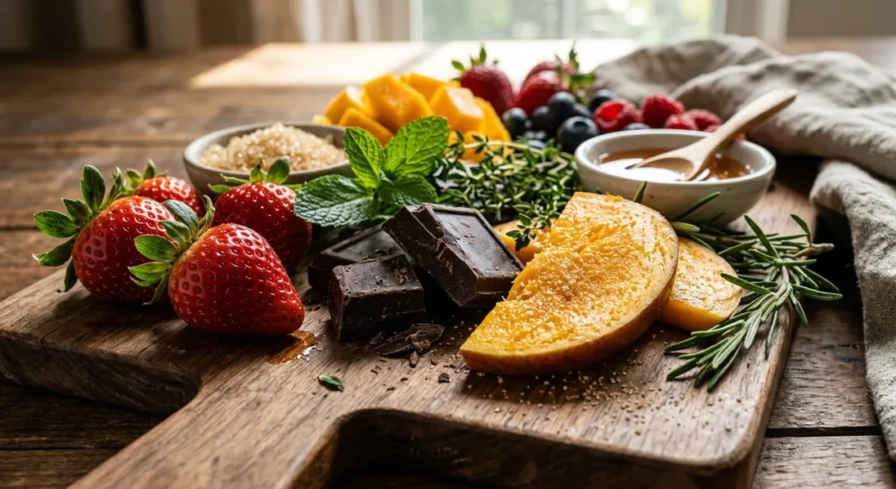 Nahaufnahme von farbenfrohes Essen mit Erdbeeren, Schokolade und Mango auf einem Holzbrett