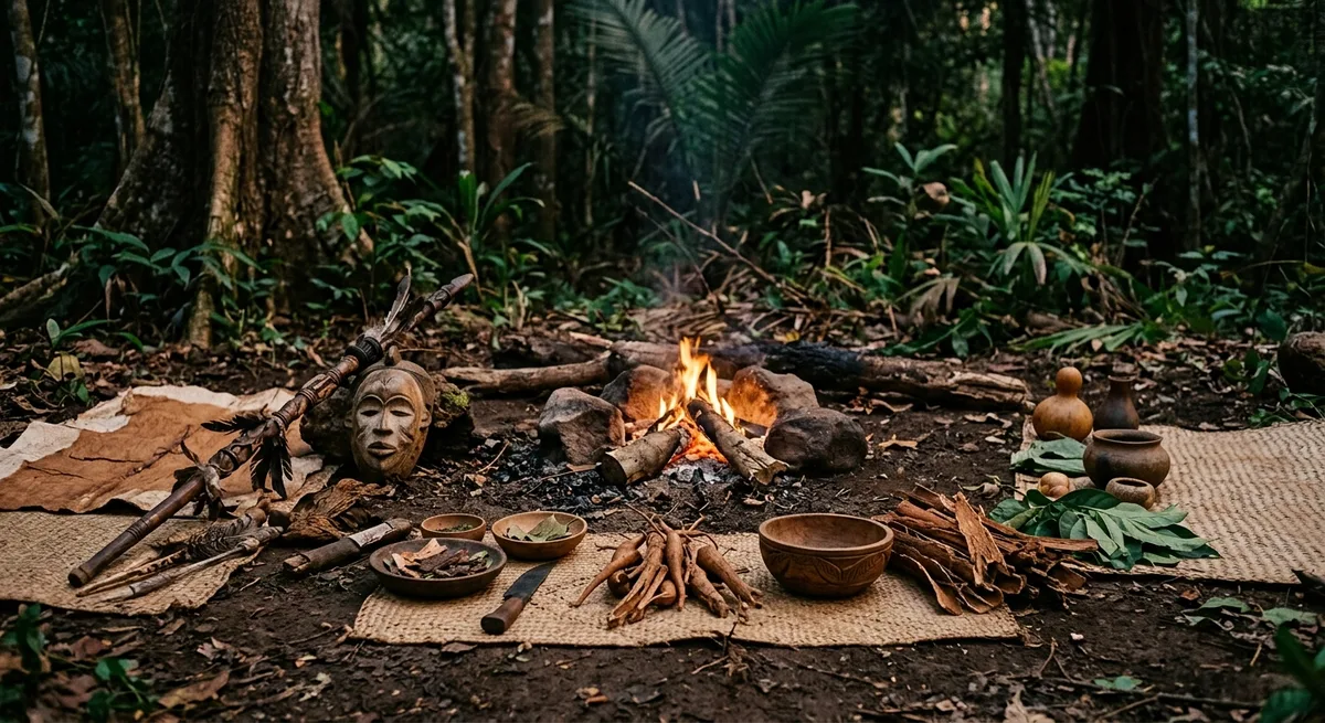 Traditionelle Bwiti-Ritualstätte in einem zentralafrikanischen Waldlichtung mit zeremoniellen Objekten