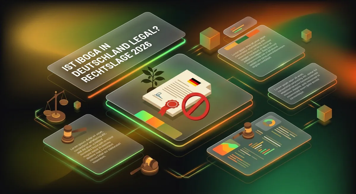 Stilisiertes Gesetzbuch mit rotem Verbotszeichen und Iboga-Pflanzensymbol als Illustration zur deutschen Rechtslage