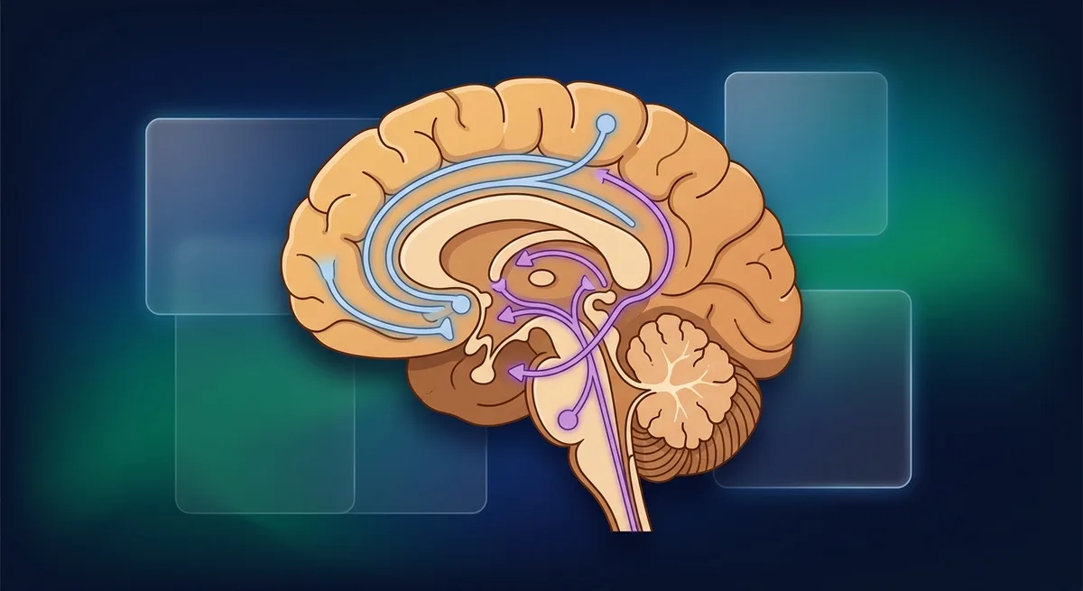 Illustration eines Gehirnquerschnitts mit farbig markierten Opioid-, Serotonin- und NMDA-Rezeptorwegen