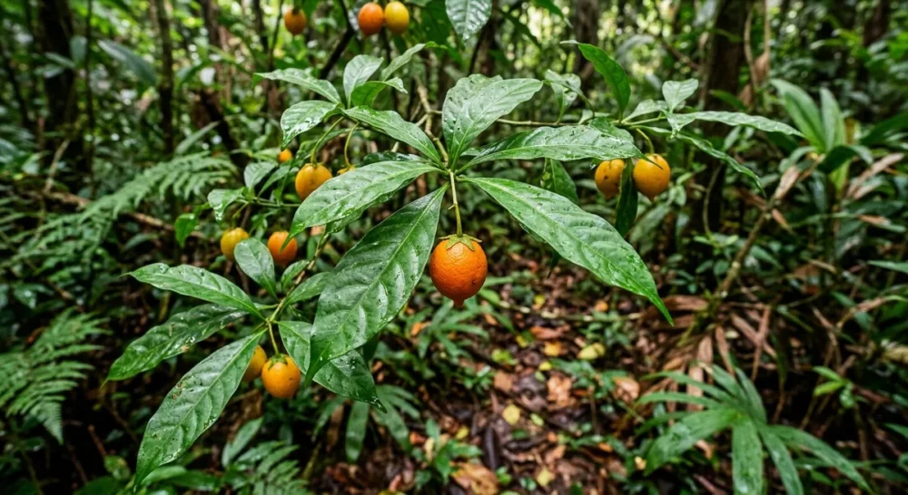 Tabernanthe iboga Strauch mit grünen Blättern und kleinen orangefarbenen Früchten im Regenwald