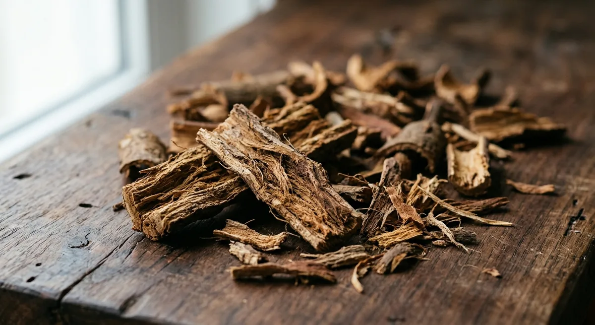 Getrocknete Iboga-Wurzelrinde in faseriger Struktur auf dunklem Holz