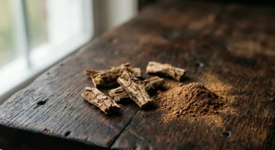 Getrocknete Iboga-Wurzelrinde als braunes Pulver und Rindenstücke auf Holzoberfläche