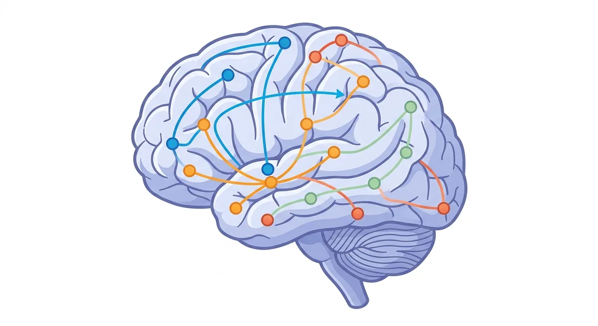 Stilisiertes Gehirn mit farbig hervorgehobenen Neurotransmitter-Rezeptorsystemen und neuronalen Verbindungen