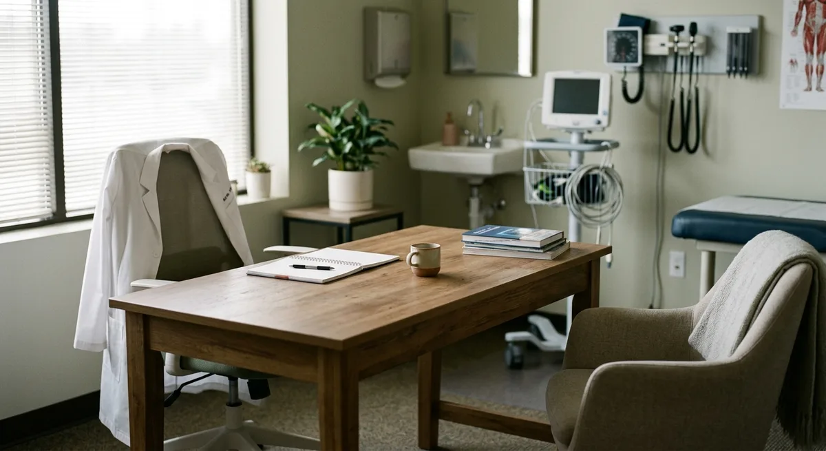 Arzt und Patient in ruhigem Behandlungszimmer mit EKG-Monitor im Hintergrund