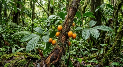 Tabernanthe iboga Strauch mit glänzenden Blättern und orangefarbenen Früchten im tropischen Regenwald