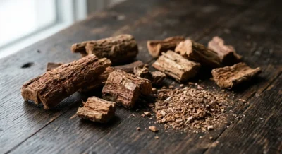 Getrocknete Iboga-Wurzelrinde – rötlich-braune Rindenstücke und gemahlenes Pulver auf dunklem Holz