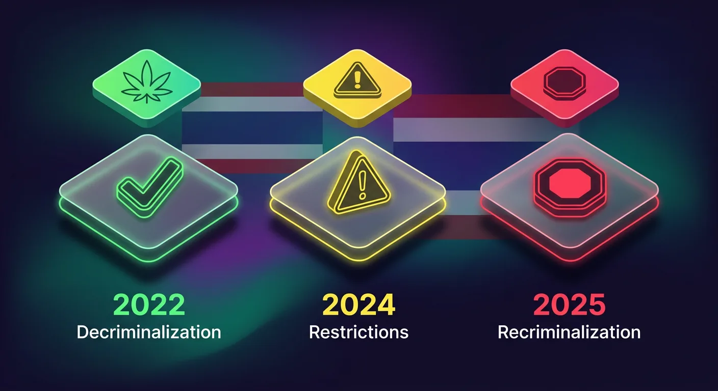 Illustrierter Zeitstrahl mit drei Phasen der Cannabis-Gesetzgebung, symbolisiert durch grünes, gelbes und rotes Symbol