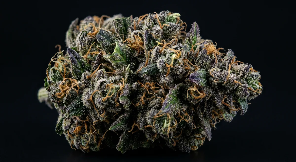 Makroaufnahme eines dichten Cannabis indica Bluetenstandes mit sichtbaren Trichomen in Weiss und Bernstein