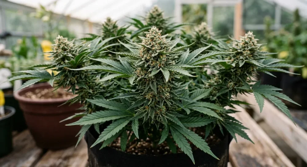 Kompakte Cannabis indica Pflanze mit breiten dunkelgruenen Blaettern und harzreichen Bluetenstaenden