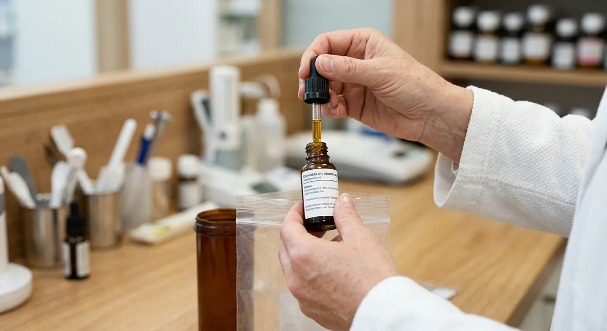 Apotheker haelt ein kleines Braunglasflaeschchen mit Cannabisextrakt in einer hellen Apotheke