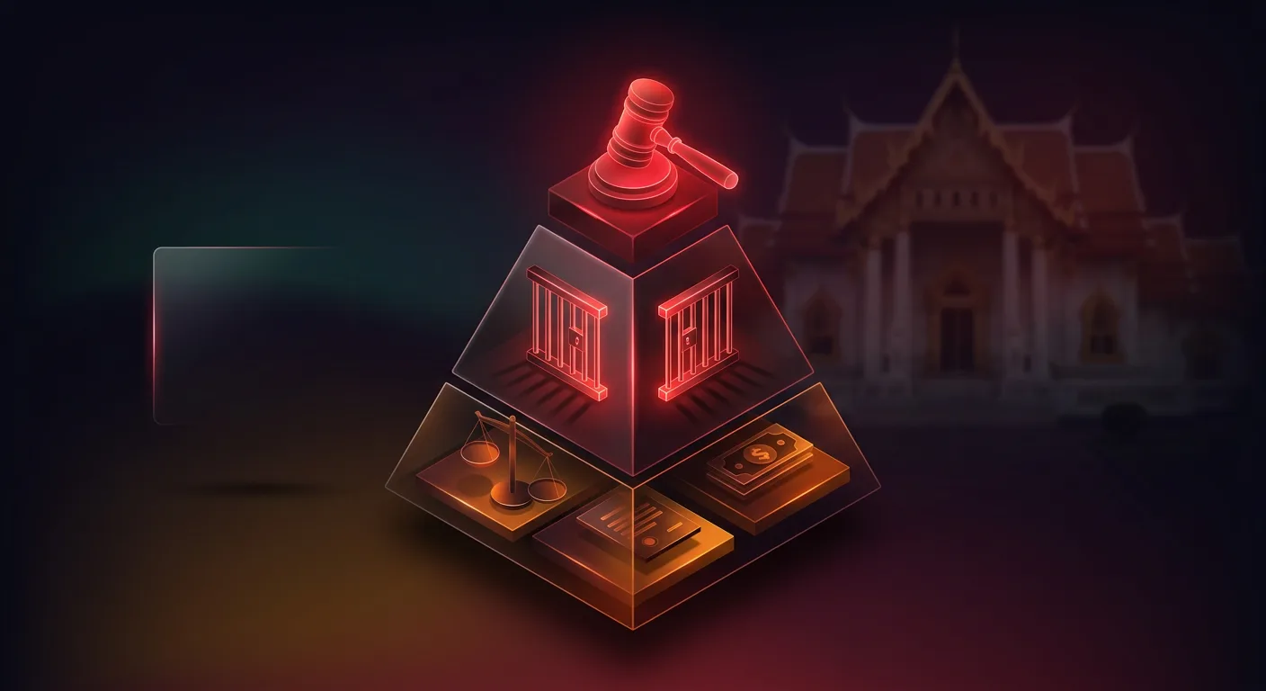 Infografik-Pyramide zur Schwere von Drogenstrafen in Thailand, von Bußgeld bis Gefängnis symbolisiert