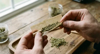 Hände halten ein umgedrehtes Blättchen beim Rollen eines Inside Out Joints